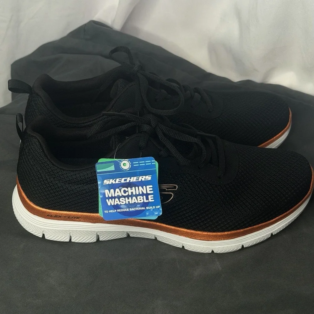 Skechers Flex Appeal 4.0 Black/Rose Gold Lace Up Sneakers. Sz. 7.5 NWT